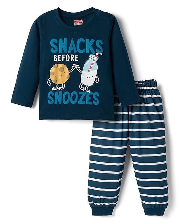Babyhug Cotton Knit Full Sleeves T-Shirt & Pyjama Night Suit With Text Print - Navy Blue