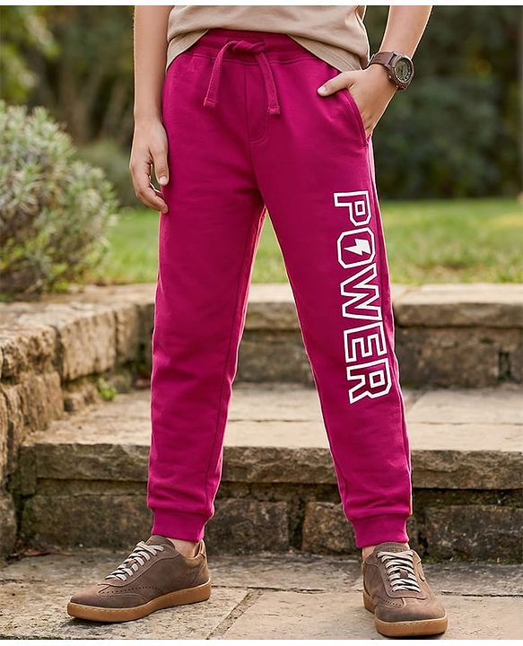 Pine Kids 100% Cotton Full Length Lounge Pant With Text Print - Dark Pink