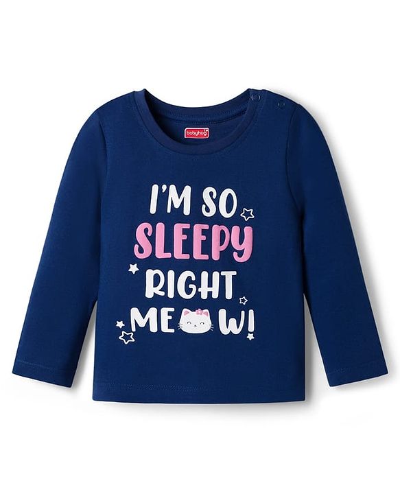 Babyhug Cotton Knit Full Sleeves T-Shirt & Pajama Night Suit with Text Print - Navy Blue