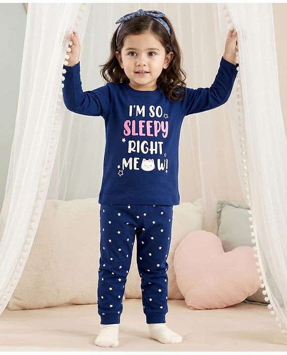 Babyhug Cotton Knit Full Sleeves T-Shirt & Pajama Night Suit with Text Print - Navy Blue