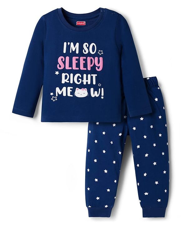Babyhug Cotton Knit Full Sleeves T-Shirt & Pajama Night Suit with Text Print - Navy Blue