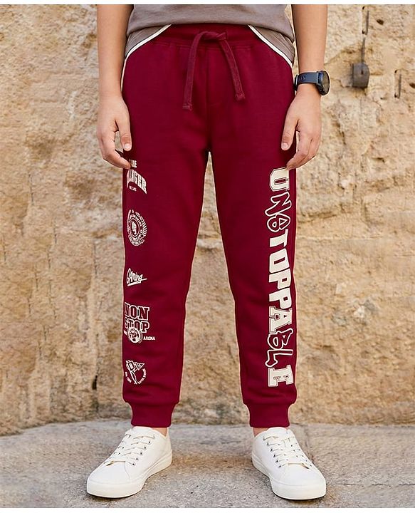 Pine Kids Looper Knit Full Length Lounge Pant With Unstoppable Print - Dark Red