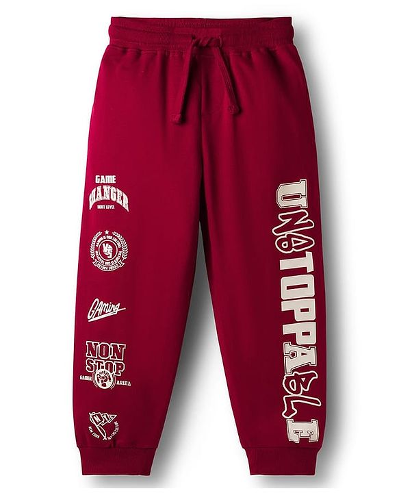Pine Kids Looper Knit Full Length Lounge Pant With Unstoppable Print - Dark Red