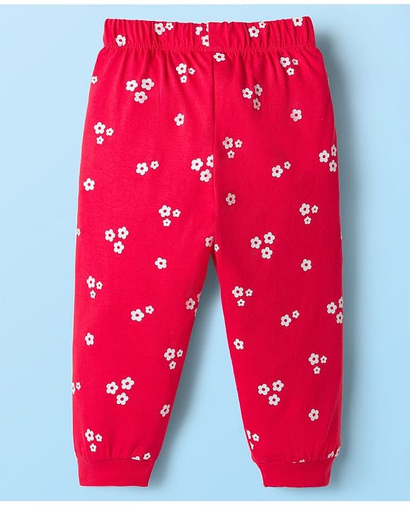 Babyhug Cotton Knit Full Sleeves T-Shirt & Pajama Night Suit with Always Smiling Print - Red & White