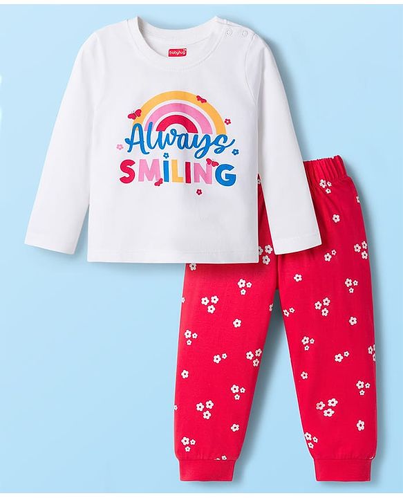 Babyhug Cotton Knit Full Sleeves T-Shirt & Pajama Night Suit with Always Smiling Print - Red & White