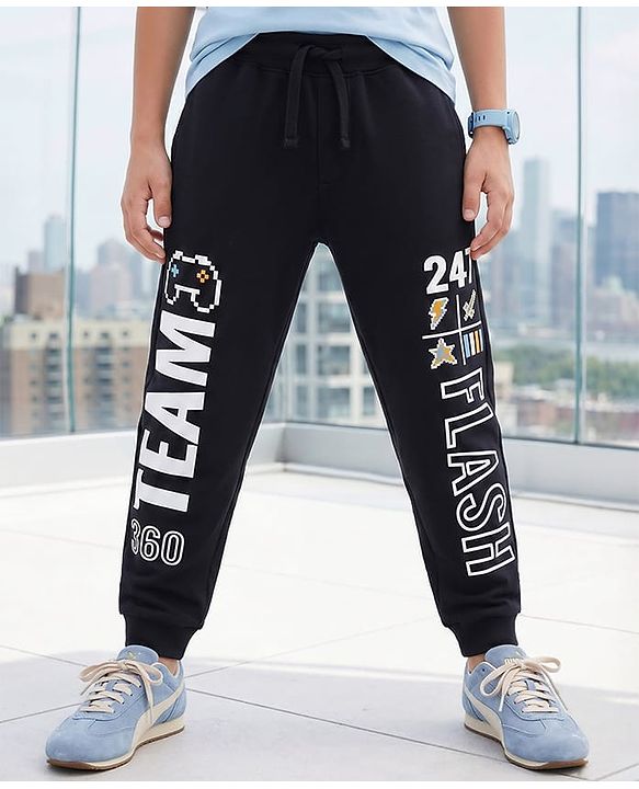 Pine Kids 100% Cotton Full Length Lounge Pant With Text Print - Black