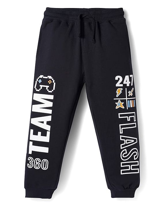 Pine Kids 100% Cotton Full Length Lounge Pant With Text Print - Black