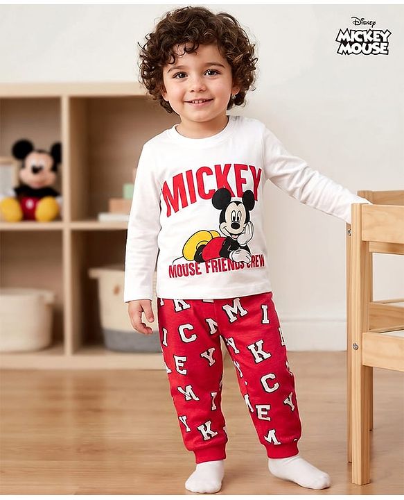 Babyhug Disney Single Jersey Knit Full Sleeves T-Shirt & Joggers Night Suit With Mickey Mouse Graphics - Multicolor