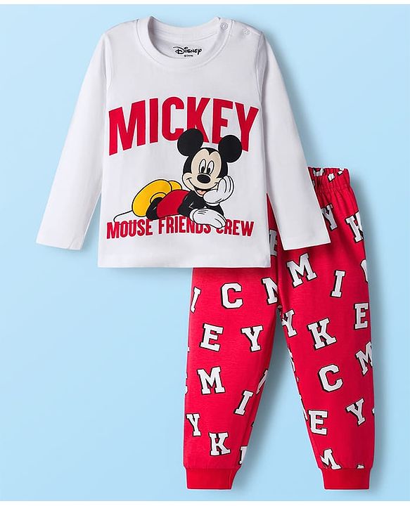 Babyhug Disney Single Jersey Knit Full Sleeves T-Shirt & Joggers Night Suit With Mickey Mouse Graphics - Multicolor