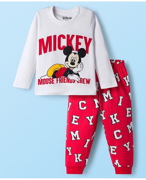 Babyhug Disney Single Jersey Knit Full Sleeves T-Shirt & Joggers Night Suit With Mickey Mouse Graphics - Multicolor