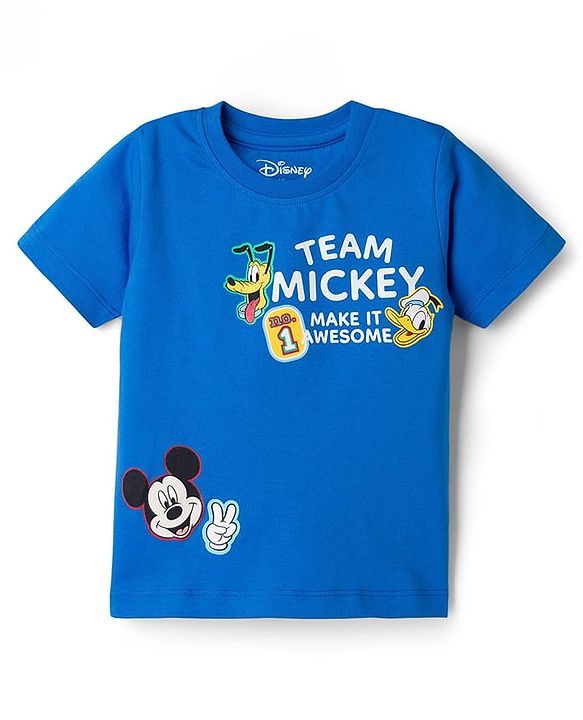 Babyhug Disney Single Jersey Knit  Half Sleeves T-Shirt & Cut & Sew Shorts Set with Mickey & Friend Front and Back Print - Blue & Black