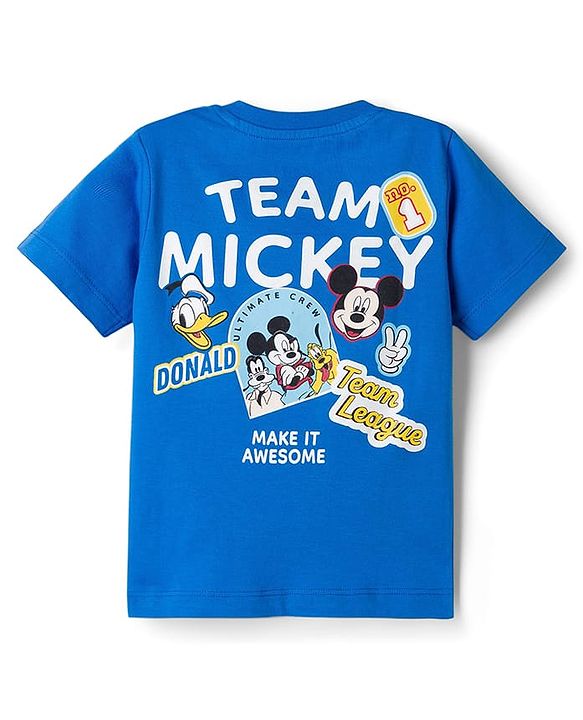 Babyhug Disney Single Jersey Knit  Half Sleeves T-Shirt & Cut & Sew Shorts Set with Mickey & Friend Front and Back Print - Blue & Black