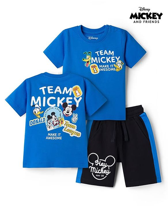 Babyhug Disney Single Jersey Knit  Half Sleeves T-Shirt & Cut & Sew Shorts Set with Mickey & Friend Front and Back Print - Blue & Black