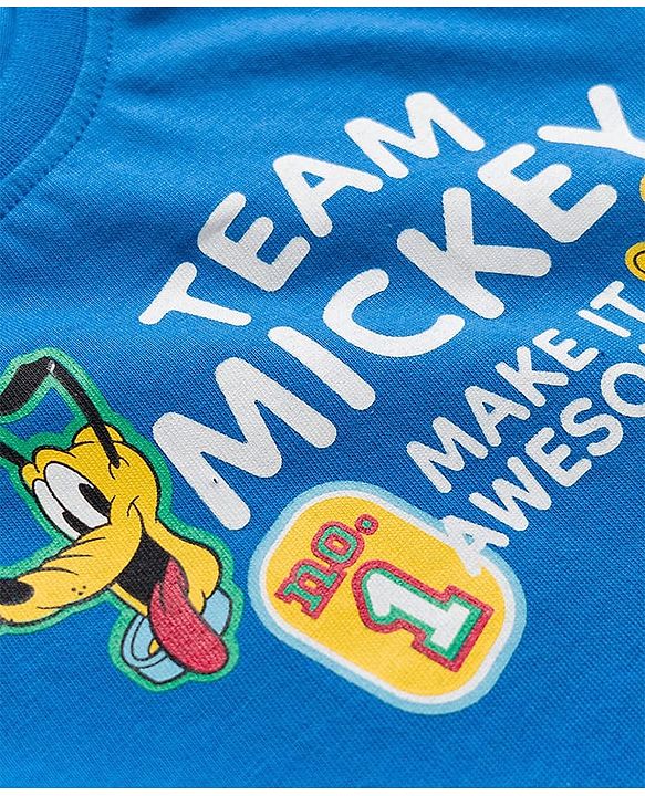 Babyhug Disney Single Jersey Knit  Half Sleeves T-Shirt & Cut & Sew Shorts Set with Mickey & Friend Front and Back Print - Blue & Black