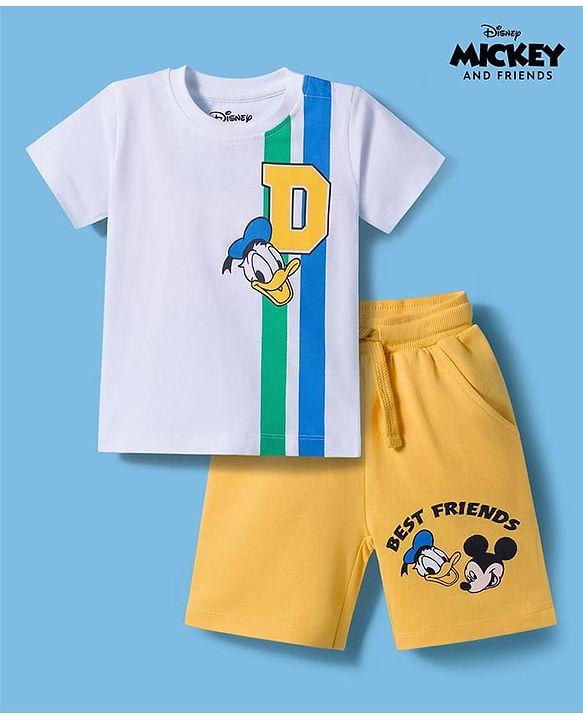 Babyhug Disney Single Jersey Knit Half Sleeves T-Shirt & Shorts Set with Mickey & Friend Front and Back Print - White & Yellow