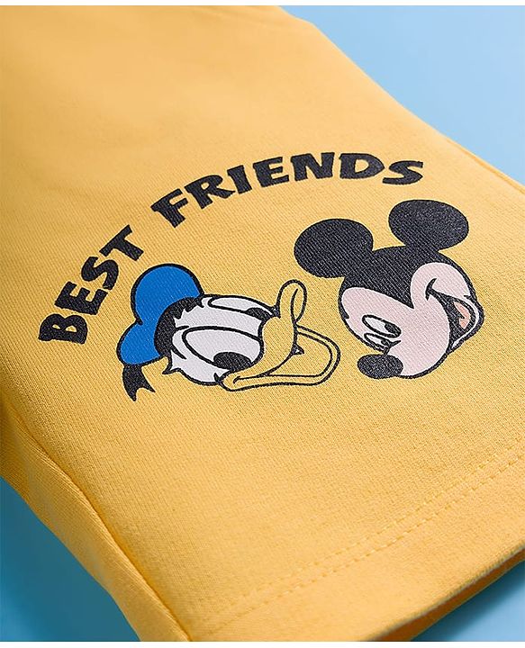 Babyhug Disney Single Jersey Knit Half Sleeves T-Shirt & Shorts Set with Mickey & Friend Front and Back Print - White & Yellow