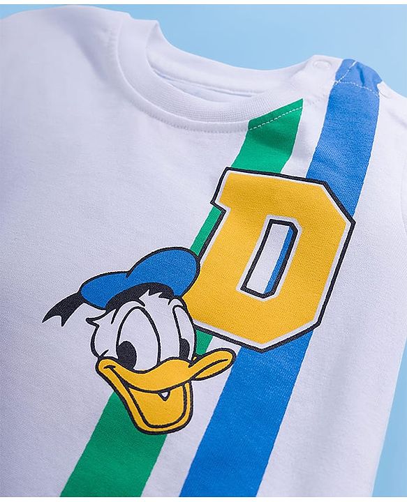 Babyhug Disney Single Jersey Knit Half Sleeves T-Shirt & Shorts Set with Mickey & Friend Front and Back Print - White & Yellow