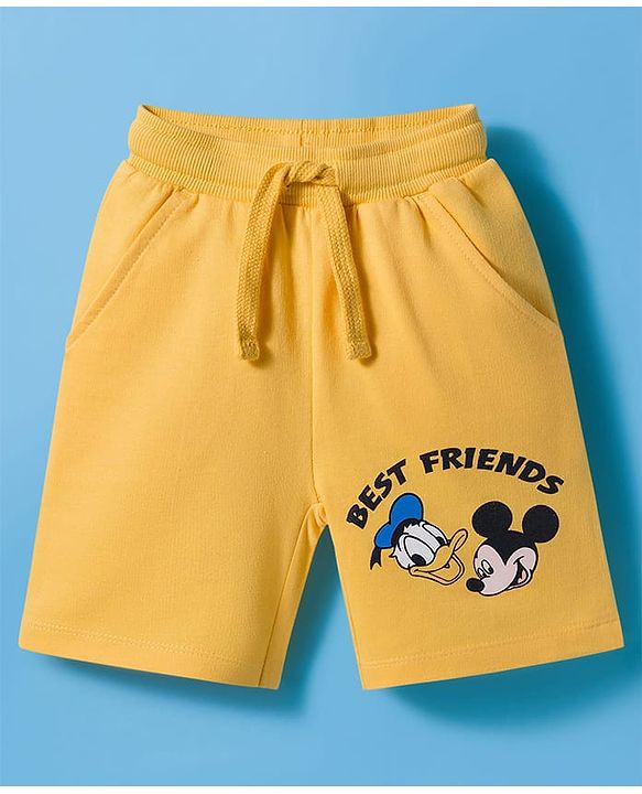 Babyhug Disney Single Jersey Knit Half Sleeves T-Shirt & Shorts Set with Mickey & Friend Front and Back Print - White & Yellow