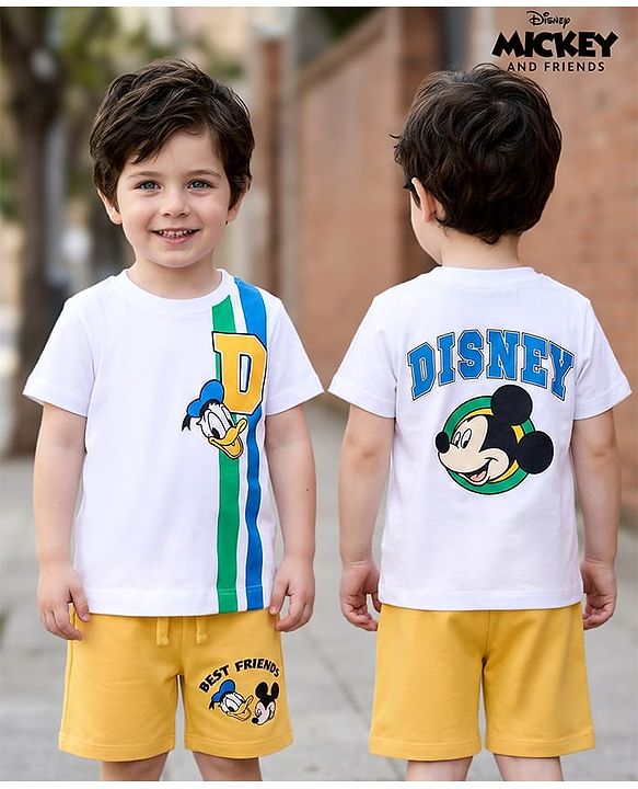 Babyhug Disney Single Jersey Knit Half Sleeves T-Shirt & Shorts Set with Mickey & Friend Front and Back Print - White & Yellow