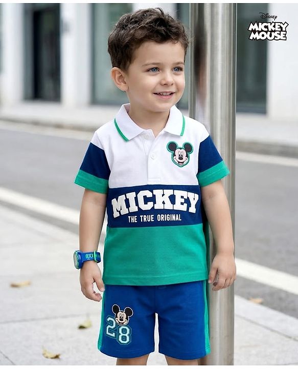 Babyhug Disney Single Jersey Knit Half Sleeves Cut & Sew Polo T-Shirt & Shorts Set with Mickey Mouse Graphics & Badge Detailing - Multiclour