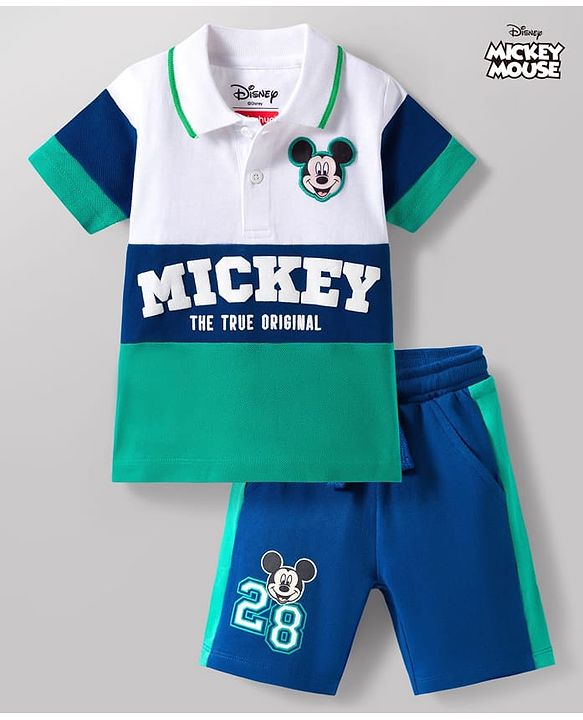 Babyhug Disney Single Jersey Knit Half Sleeves Cut & Sew Polo T-Shirt & Shorts Set with Mickey Mouse Graphics & Badge Detailing - Multiclour