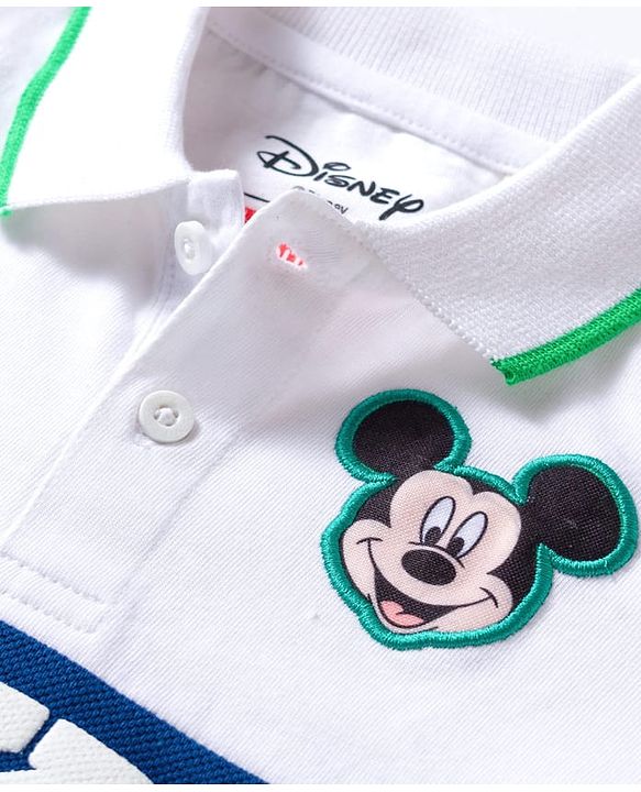 Babyhug Disney Single Jersey Knit Half Sleeves Cut & Sew Polo T-Shirt & Shorts Set with Mickey Mouse Graphics & Badge Detailing - Multiclour
