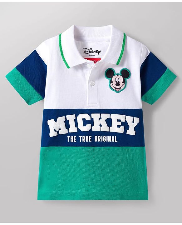 Babyhug Disney Single Jersey Knit Half Sleeves Cut & Sew Polo T-Shirt & Shorts Set with Mickey Mouse Graphics & Badge Detailing - Multiclour
