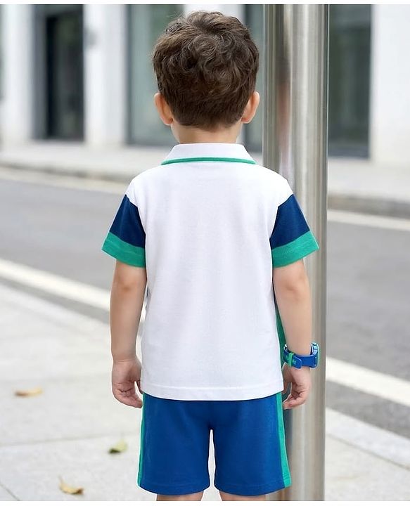 Babyhug Disney Single Jersey Knit Half Sleeves Cut & Sew Polo T-Shirt & Shorts Set with Mickey Mouse Graphics & Badge Detailing - Multiclour