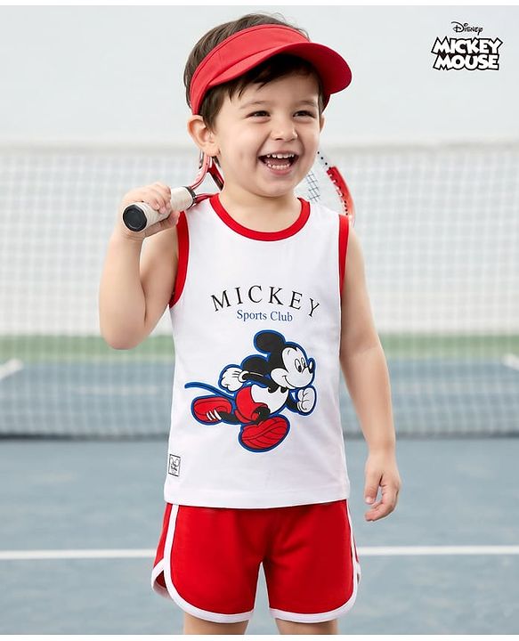 Babyhug Disney Single Jersey Knit Sleeveless T-Shirt & Shorts Set With Mickey Mouse Graphics - Multicolor