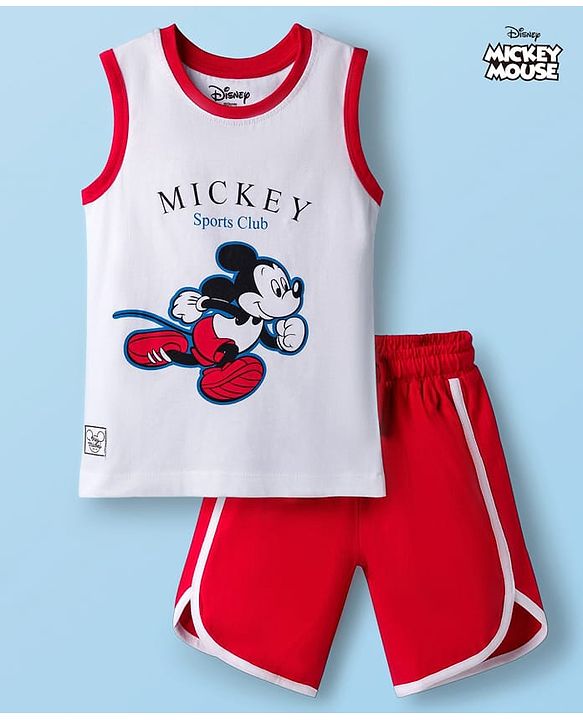 Babyhug Disney Single Jersey Knit Sleeveless T-Shirt & Shorts Set With Mickey Mouse Graphics - Multicolor