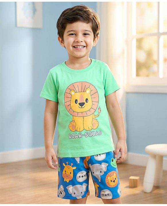 Babyhug Cotton Knit Half Sleeves T-Shirt & Shorts Night Suit With Animal Print - Green