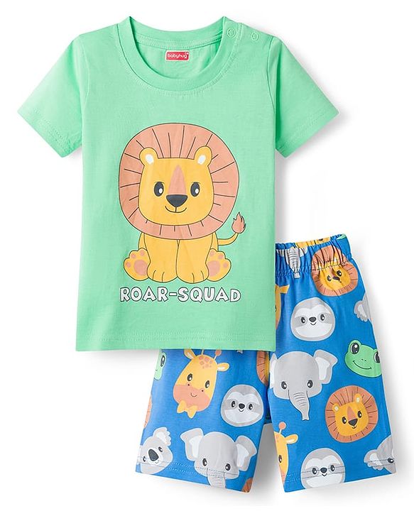 Babyhug Cotton Knit Half Sleeves T-Shirt & Shorts Night Suit With Animal Print - Green