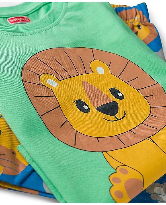 Babyhug Cotton Knit Half Sleeves T-Shirt & Shorts Night Suit With Animal Print - Green