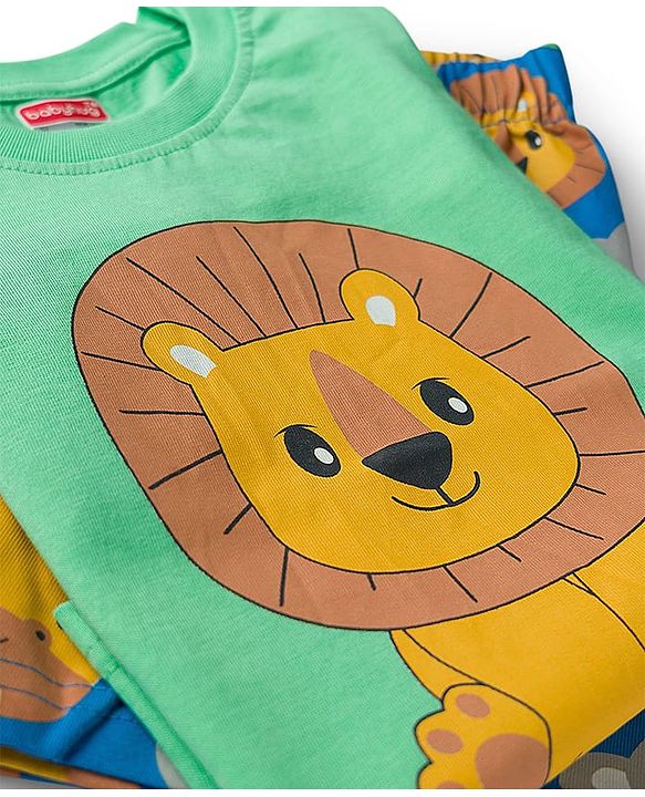 Babyhug Cotton Knit Half Sleeves T-Shirt & Shorts Night Suit With Animal Print - Green