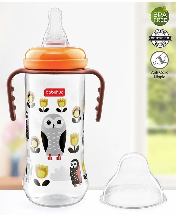 Babyhug Feeding Bottle with Handles, Orange -250 ml | Anti-Colic, Sterilizable | BPA-Free | Newborns & Toddlers | Leak Resistant | Easy Grip