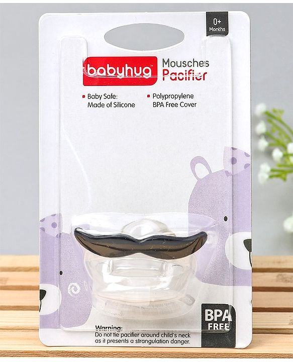 Babyhug Moustache Shaped Orthodontic Soother With Cover - Black | BPA Free | Non-Toxic | Soft Silicone | Lightweight | EN Certified