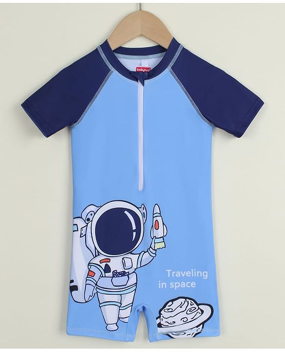 Babyhug Raglan Half Sleeves Space Theme Printed Legged Swimsuit - Light Blue