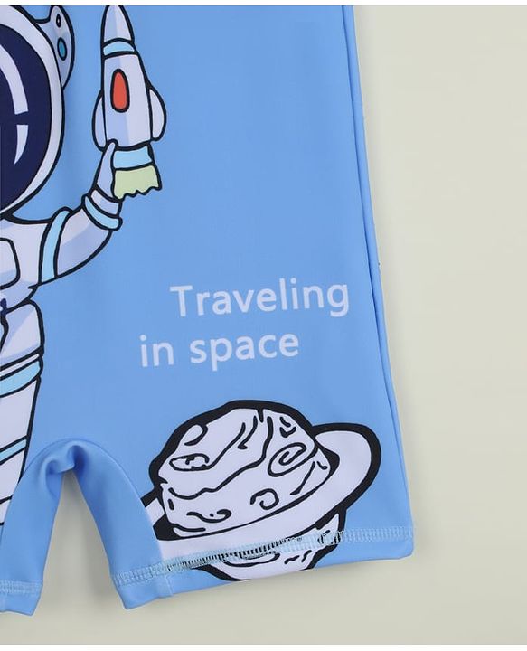 Babyhug Raglan Half Sleeves Space Theme Printed Legged Swimsuit - Light Blue