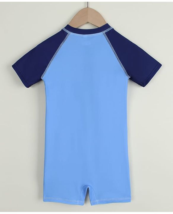 Babyhug Raglan Half Sleeves Space Theme Printed Legged Swimsuit - Light Blue