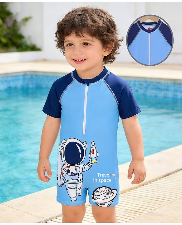 Babyhug Raglan Half Sleeves Space Theme Printed Legged Swimsuit - Light Blue