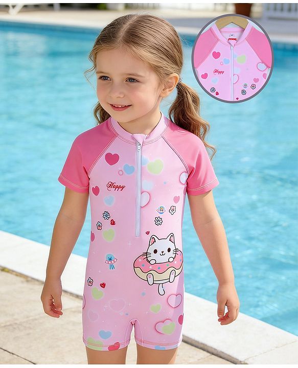Babyhug Half Raglan Sleeves Legged Swimsuit with Animal Print - Pink