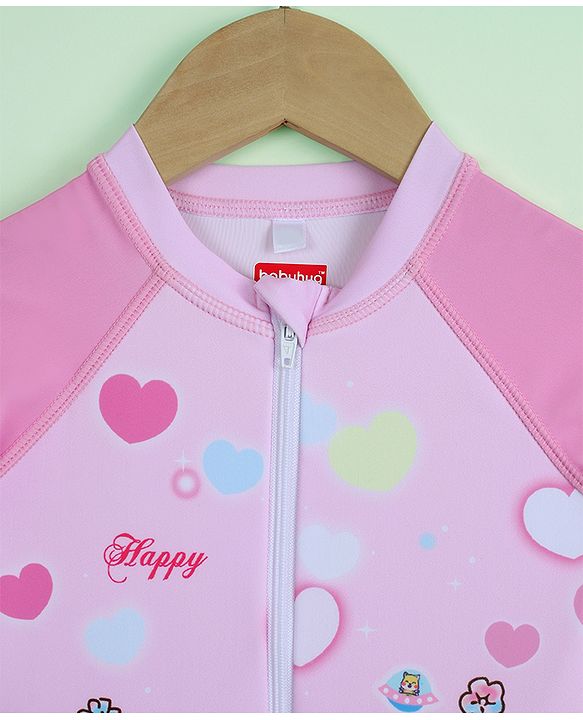 Babyhug Half Raglan Sleeves Legged Swimsuit with Animal Print - Pink