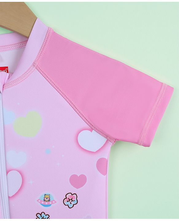 Babyhug Half Raglan Sleeves Legged Swimsuit with Animal Print - Pink