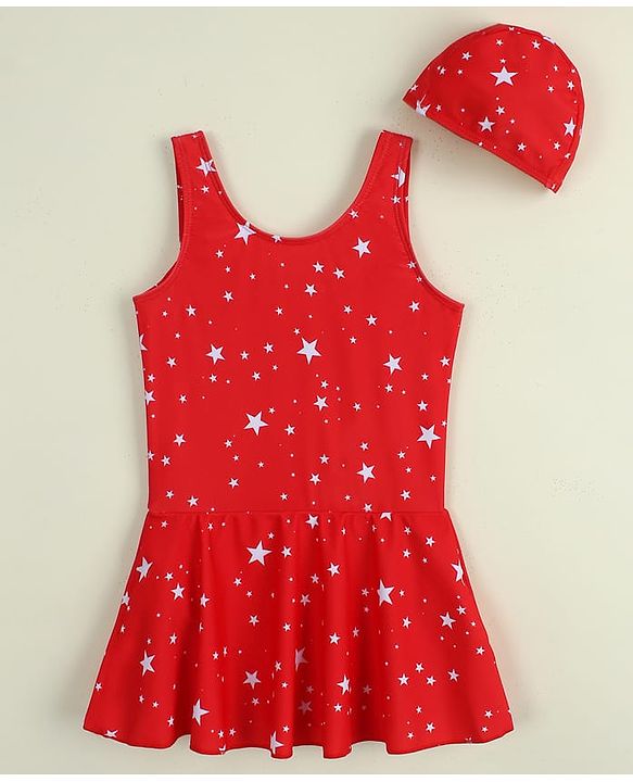 Babyhug Sleeveless Frock Swimsuit with Cap & Star Print - Red