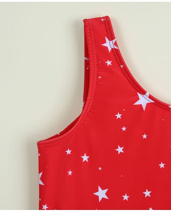 Babyhug Sleeveless Frock Swimsuit with Cap & Star Print - Red