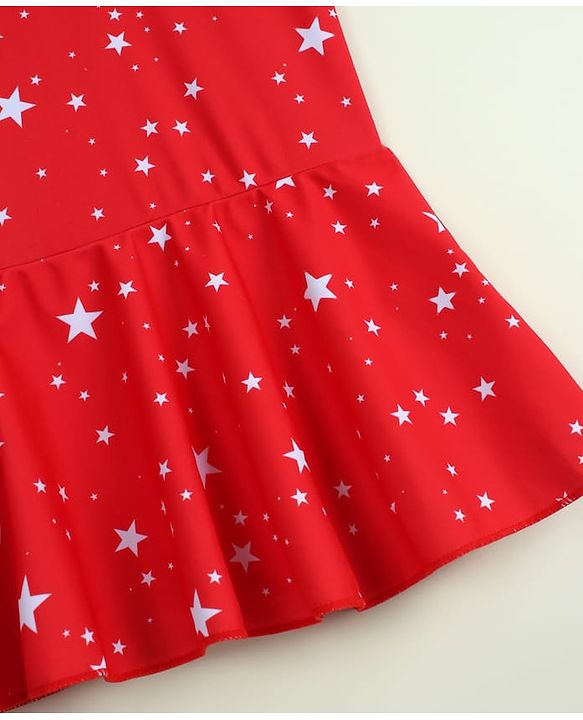 Babyhug Sleeveless Frock Swimsuit with Cap & Star Print - Red