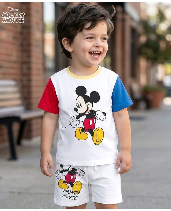 Babyhug Disney Single Jersey Knit Half Sleeves Cut & Sew T-Shirt & Shorts Set With Mickey & Friends Graphics & Badge Detailing - Multicolor