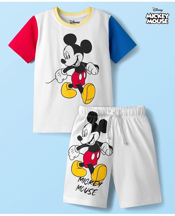 Babyhug Disney Single Jersey Knit Half Sleeves Cut & Sew T-Shirt & Shorts Set With Mickey & Friends Graphics & Badge Detailing - Multicolor