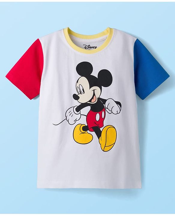 Babyhug Disney Single Jersey Knit Half Sleeves Cut & Sew T-Shirt & Shorts Set With Mickey & Friends Graphics & Badge Detailing - Multicolor