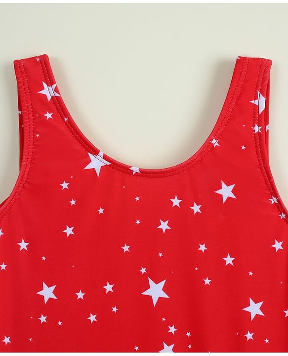 Babyhug Sleeveless Frock Swimsuit with Cap & Star Print - Red